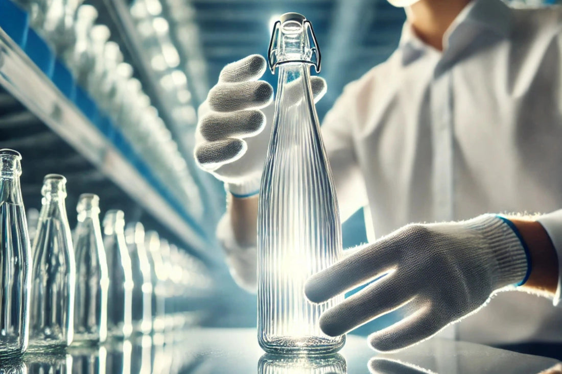 a man inspecting a glass bottle