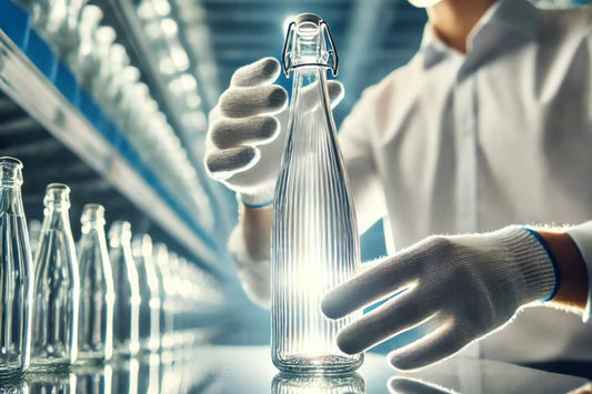 a man inspecting a glass bottle