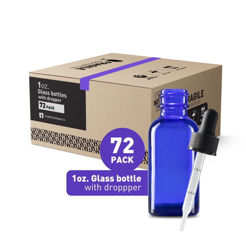1 oz Blue Glass Boston Round Bottles With Black Fine Mist Sprayers (72 Pack)