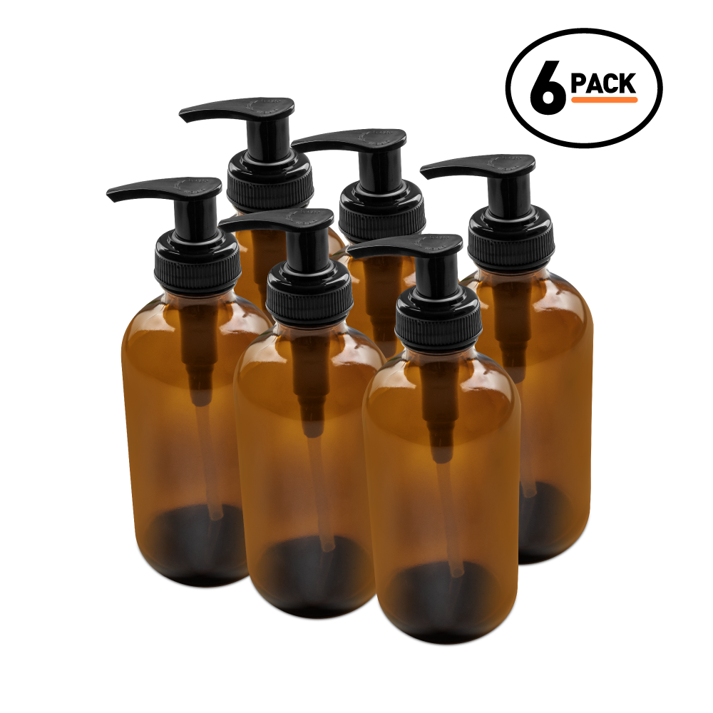 8 oz Amber Glass Boston Round Bottle With Black Lotion Pump (6 Pack)
