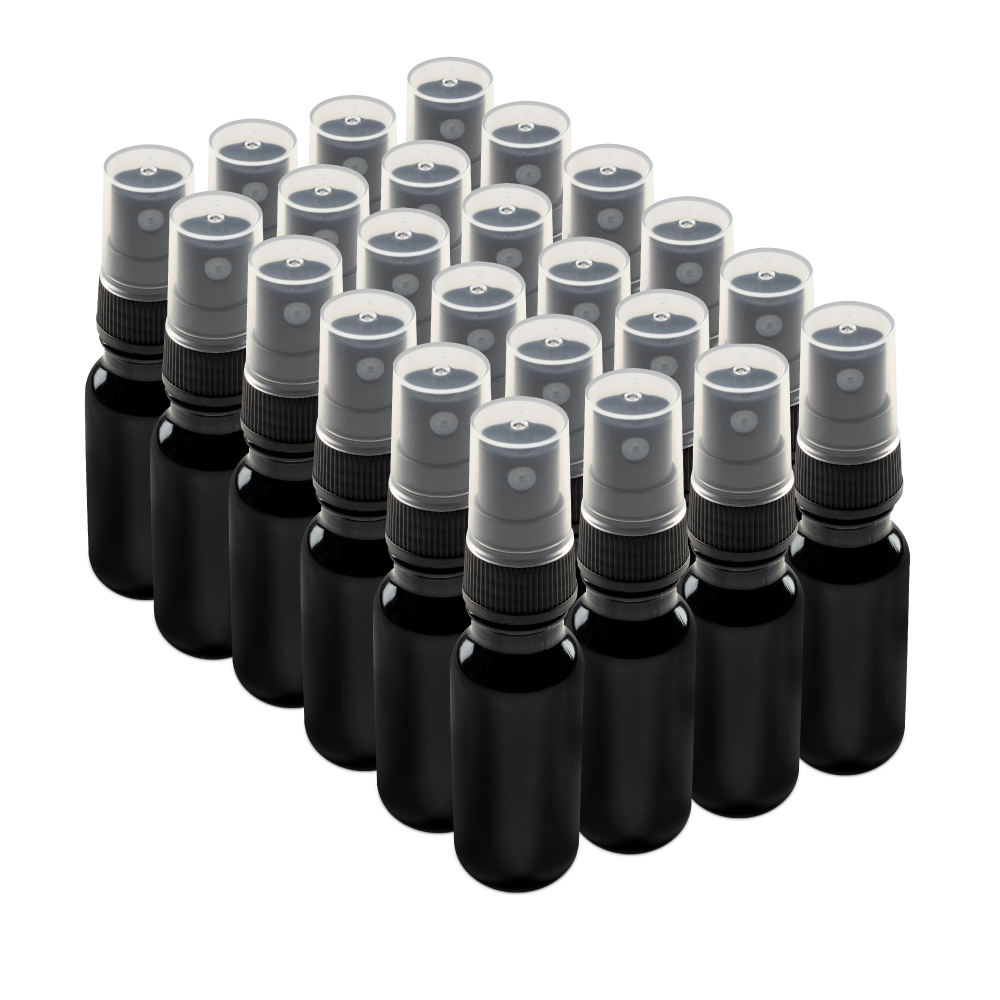 0.5 oz Black UV Glass Boston Round Bottles With Black Fine Mist Sprayers