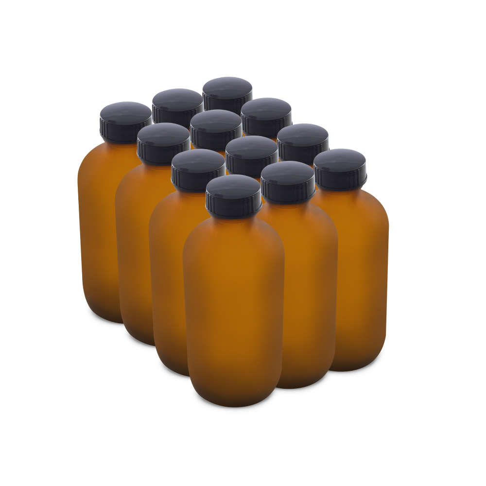8 oz Amber Frosted Glass Boston Round Bottles With Black Lids