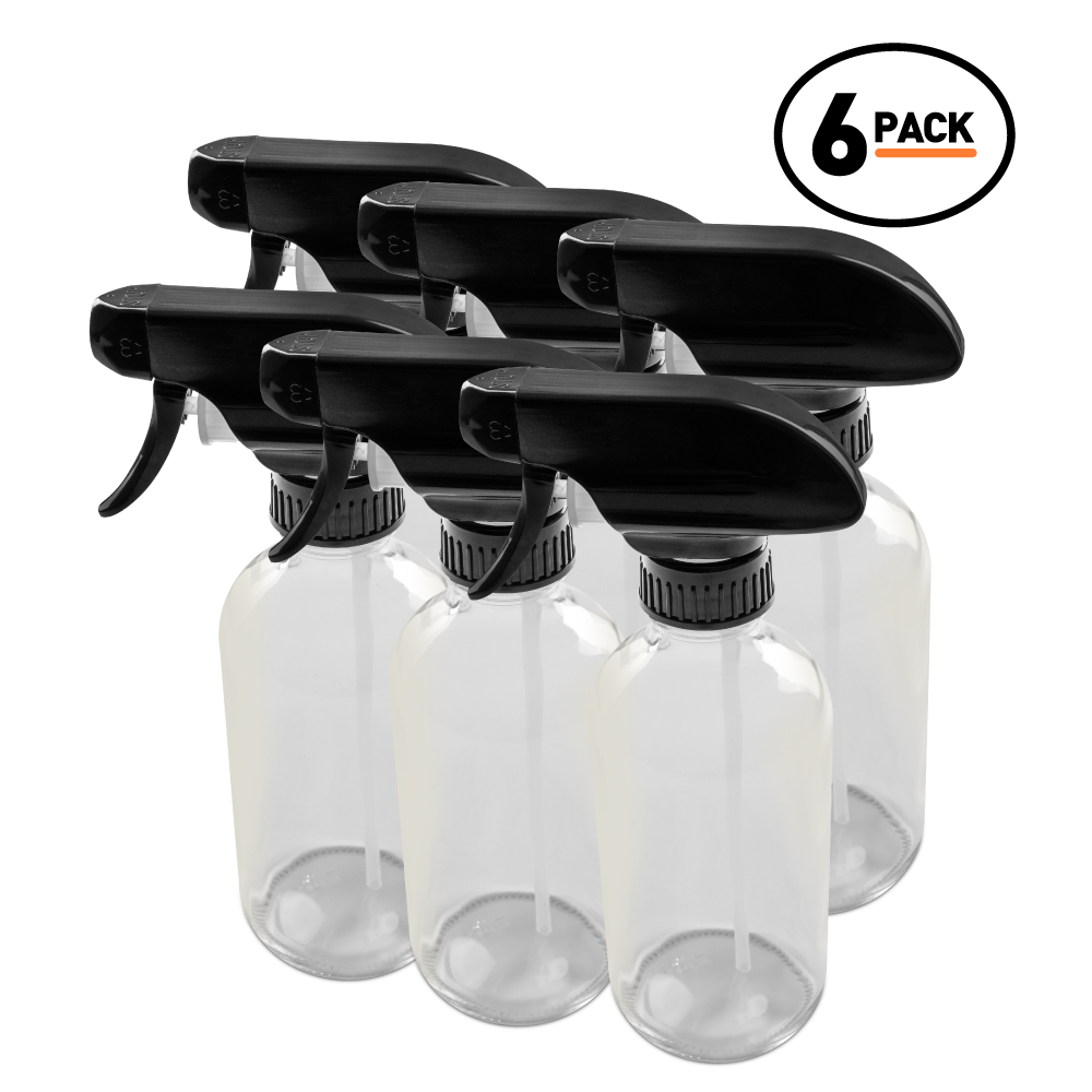 8 oz Clear Glass Boston Round Bottle With Black Trigger Sprayer (6 Pack)