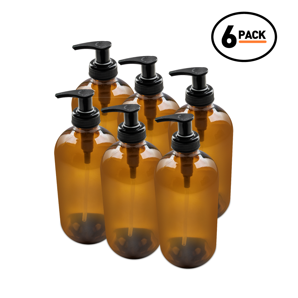 16 oz Amber Glass Boston Round Bottle With Black Lotion Pump (6 Pack)