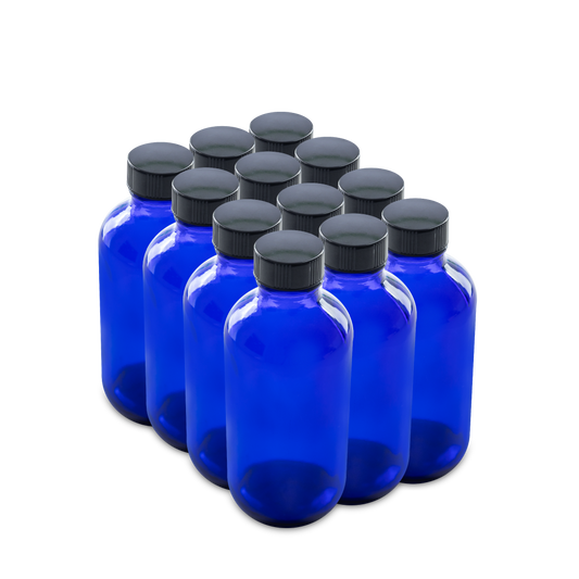 4 oz Blue Glass Boston Round Bottles With Black Lids