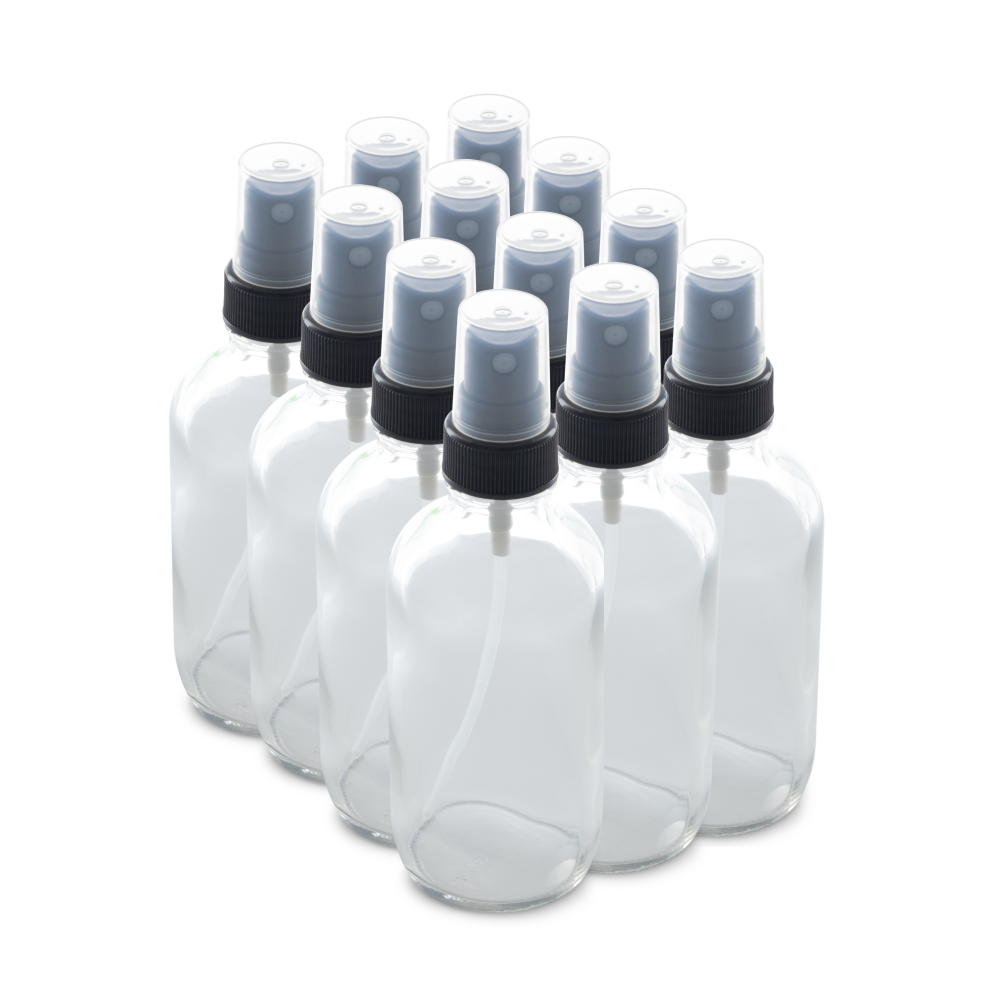 4 oz Clear Glass Boston Round Bottles With Black Fine Mist Sprayers