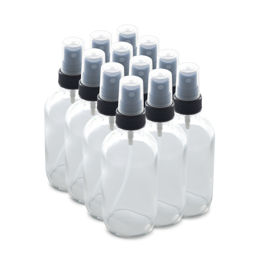 4 oz Clear Glass Boston Round Bottles With Black Fine Mist Sprayers