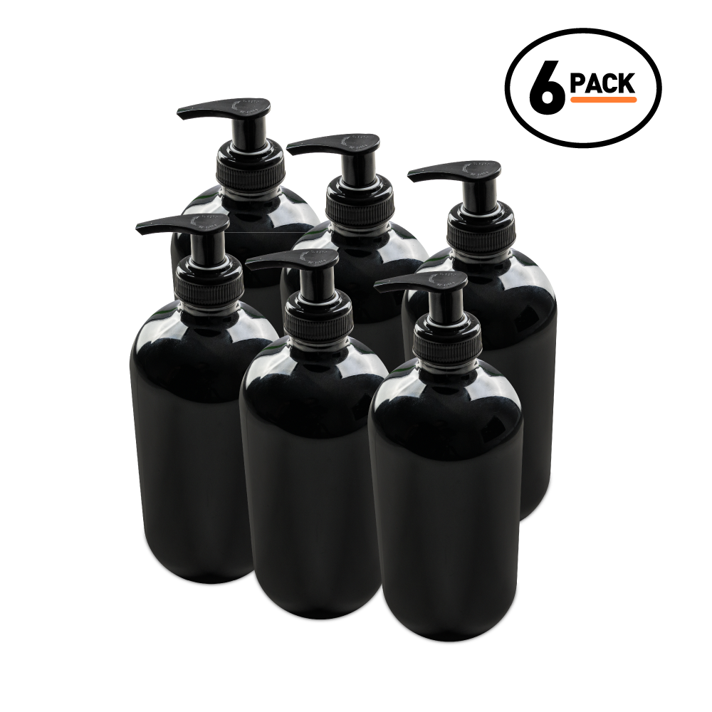 16 oz Black UV Glass Boston Round Bottle With Black Lotion Pump (6 Pack)