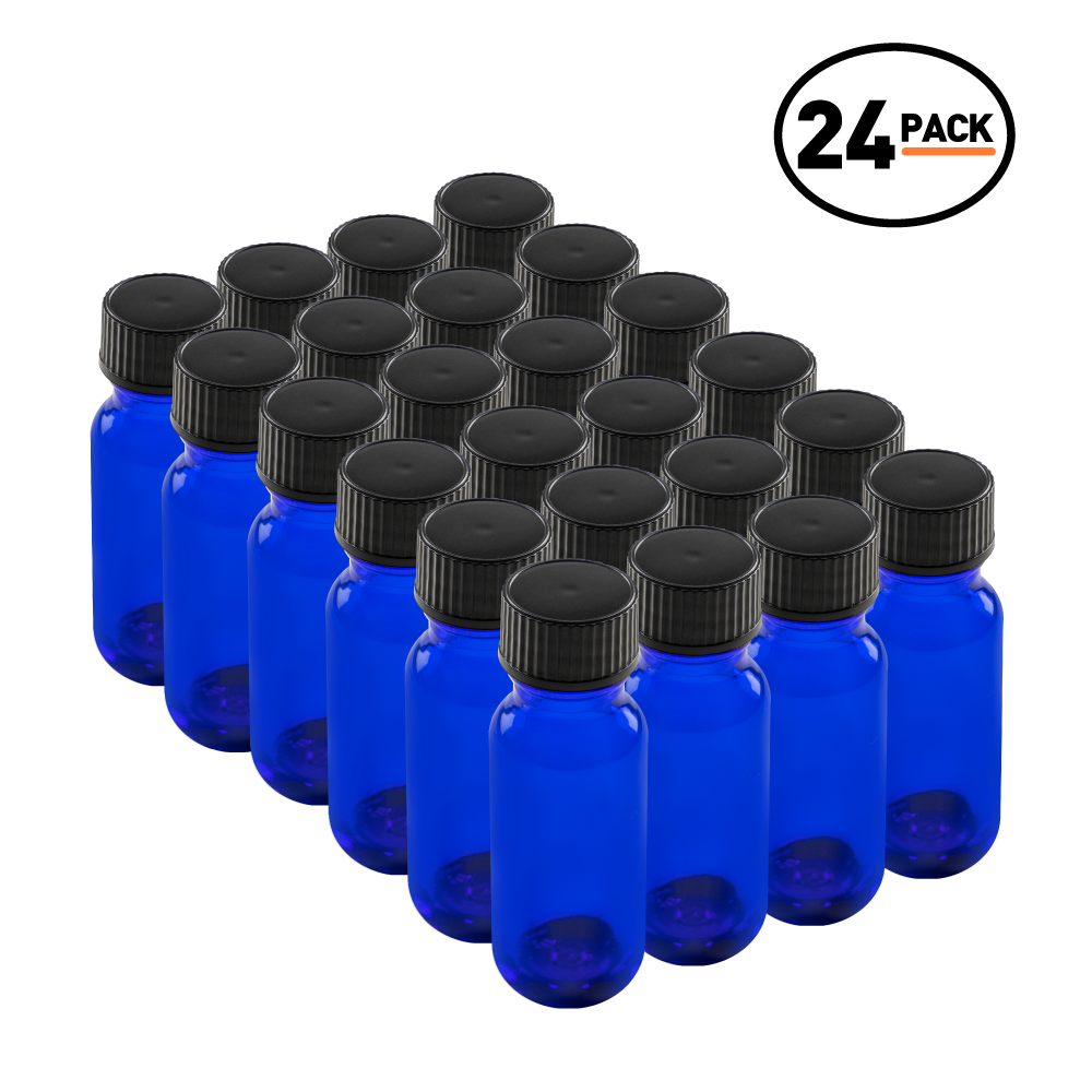 0.5 oz Blue Glass Boston Round Bottles With Black Lids (24 Pack)