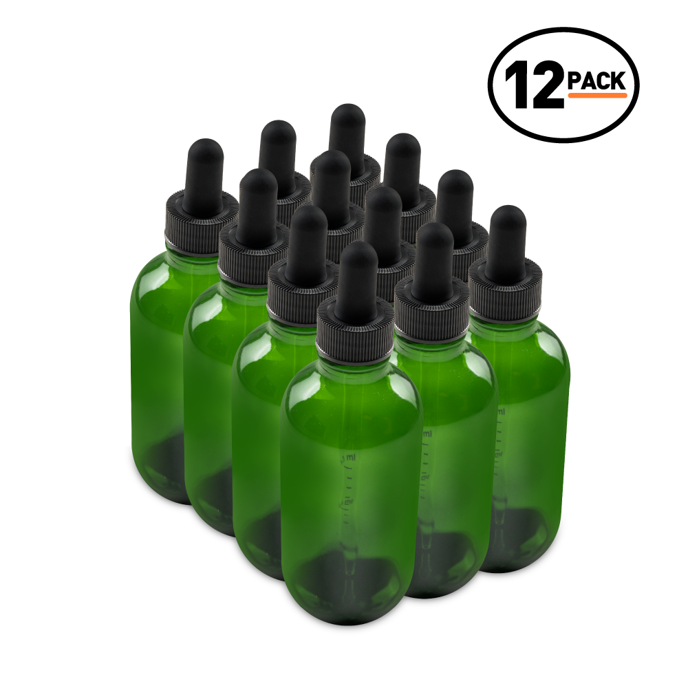 4 oz Green Glass Boston Round Bottle With Black Dropper (12 Pack)