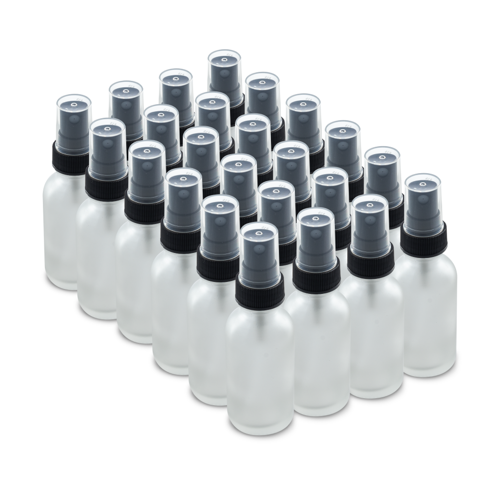 1 oz Clear Frosted Glass Boston Round Bottles With Black Fine Mist Sprayers