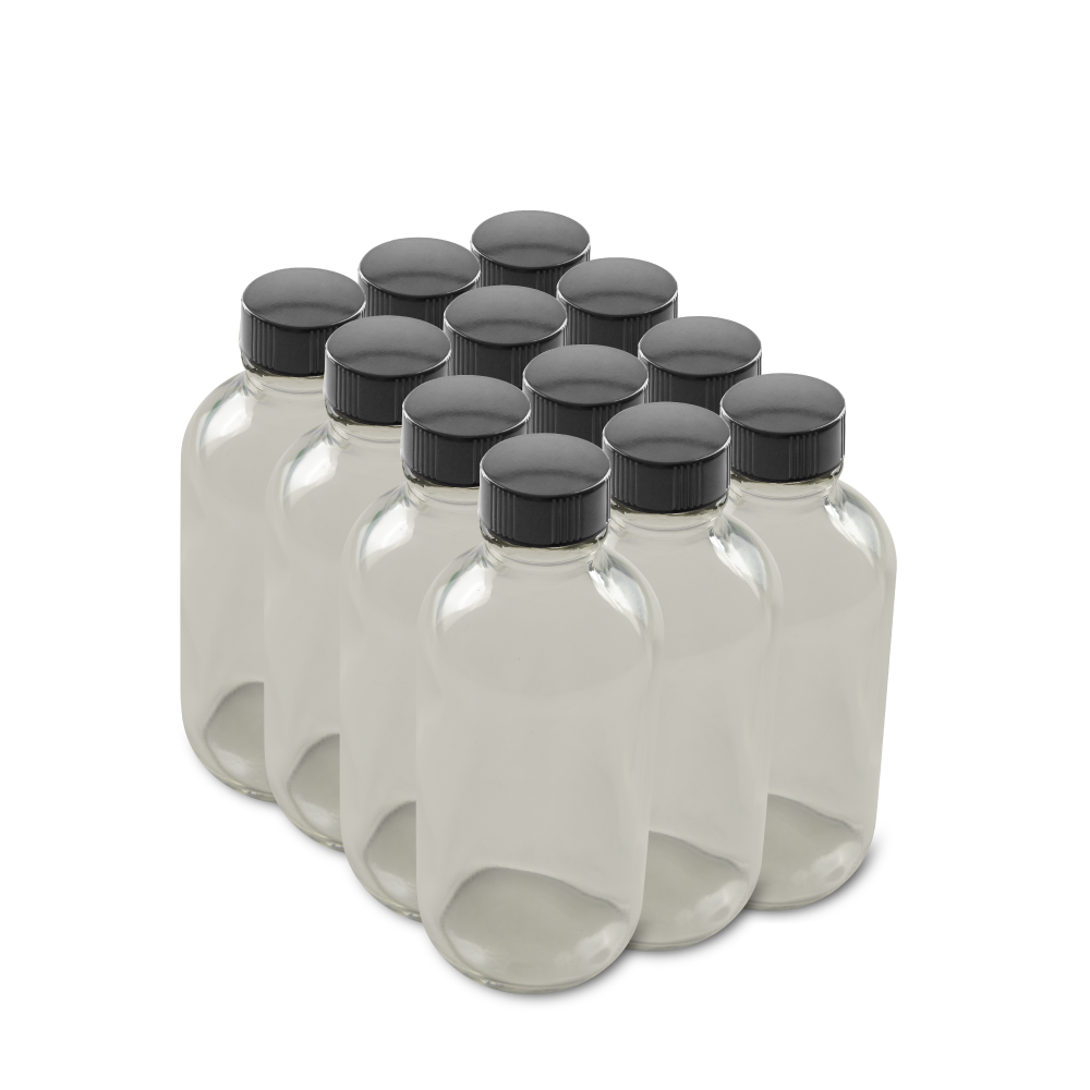 4 oz Clear Glass Boston Round Bottles With Black Lids