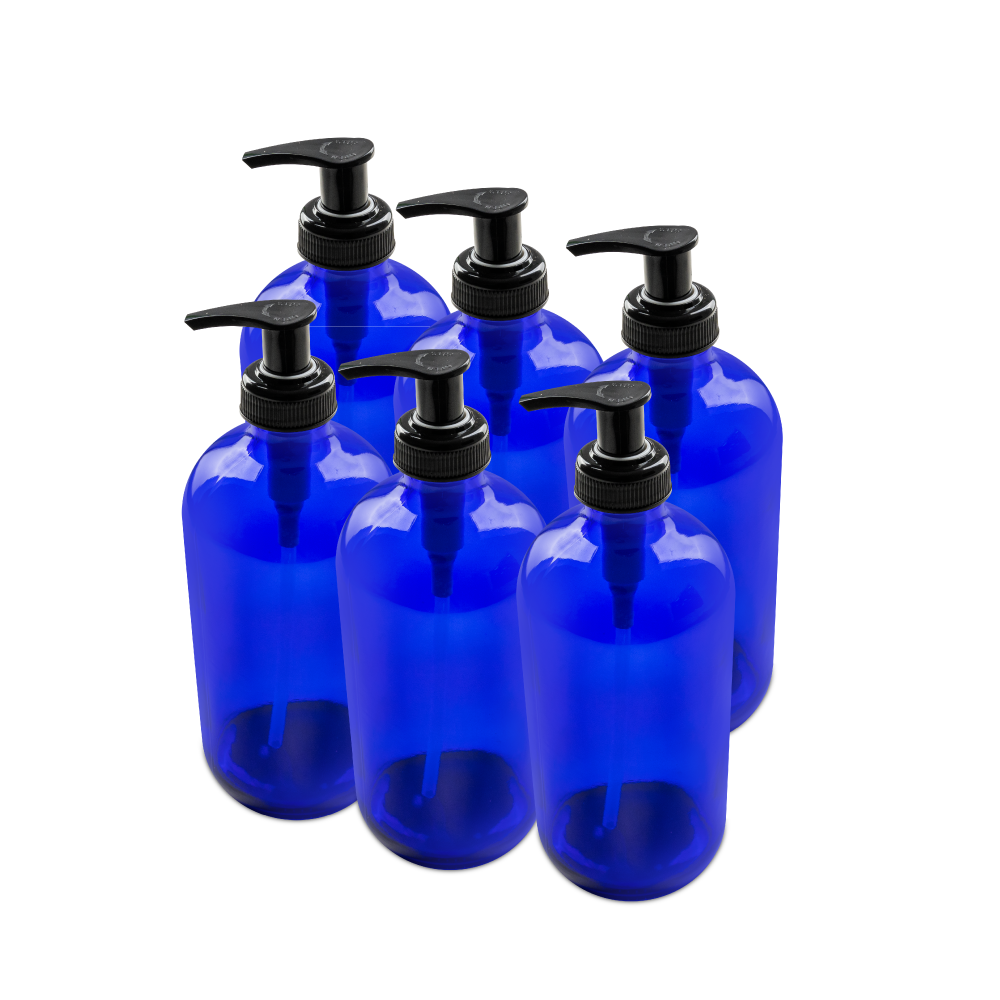 16 oz Blue Glass Boston Round Bottle With Black Lotion Pump