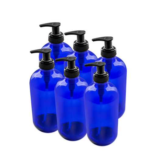16 oz Blue Glass Boston Round Bottle With Black Lotion Pump