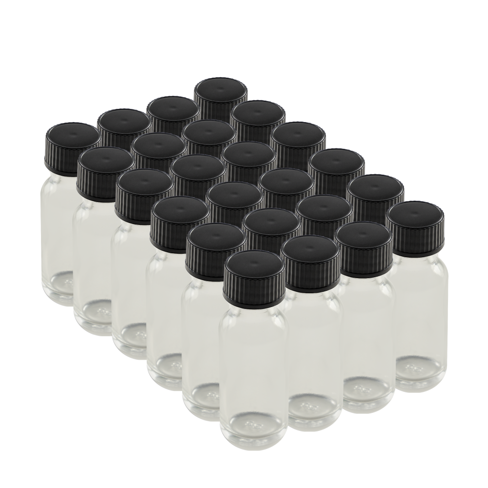 0.5 oz Clear Glass Boston Round Bottles With Black Lids