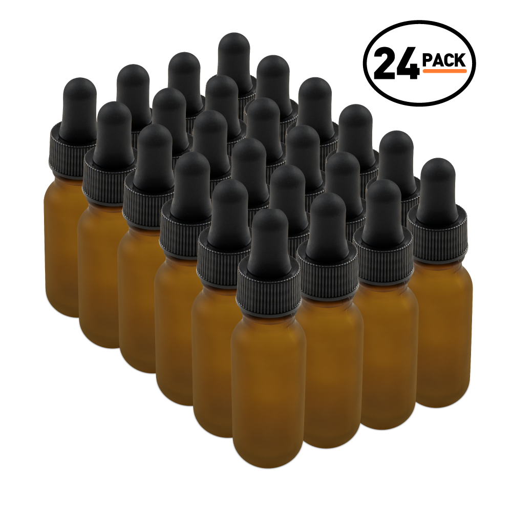 0.5 oz Amber Frosted Glass Boston Round Bottle With Black Dropper (24 pack)