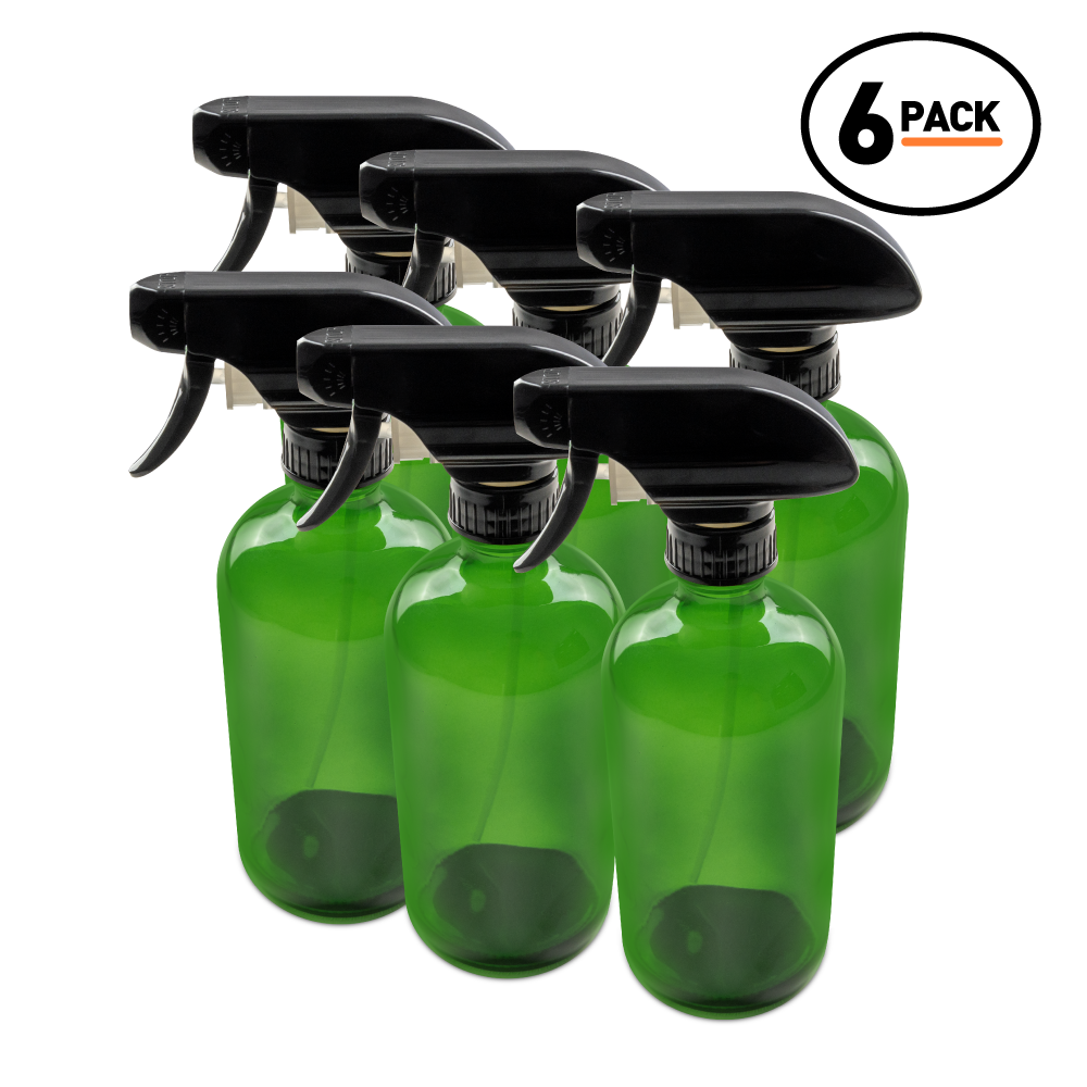 16 oz Green Glass Boston Round Bottle With Black Trigger Sprayer (6 Pack)