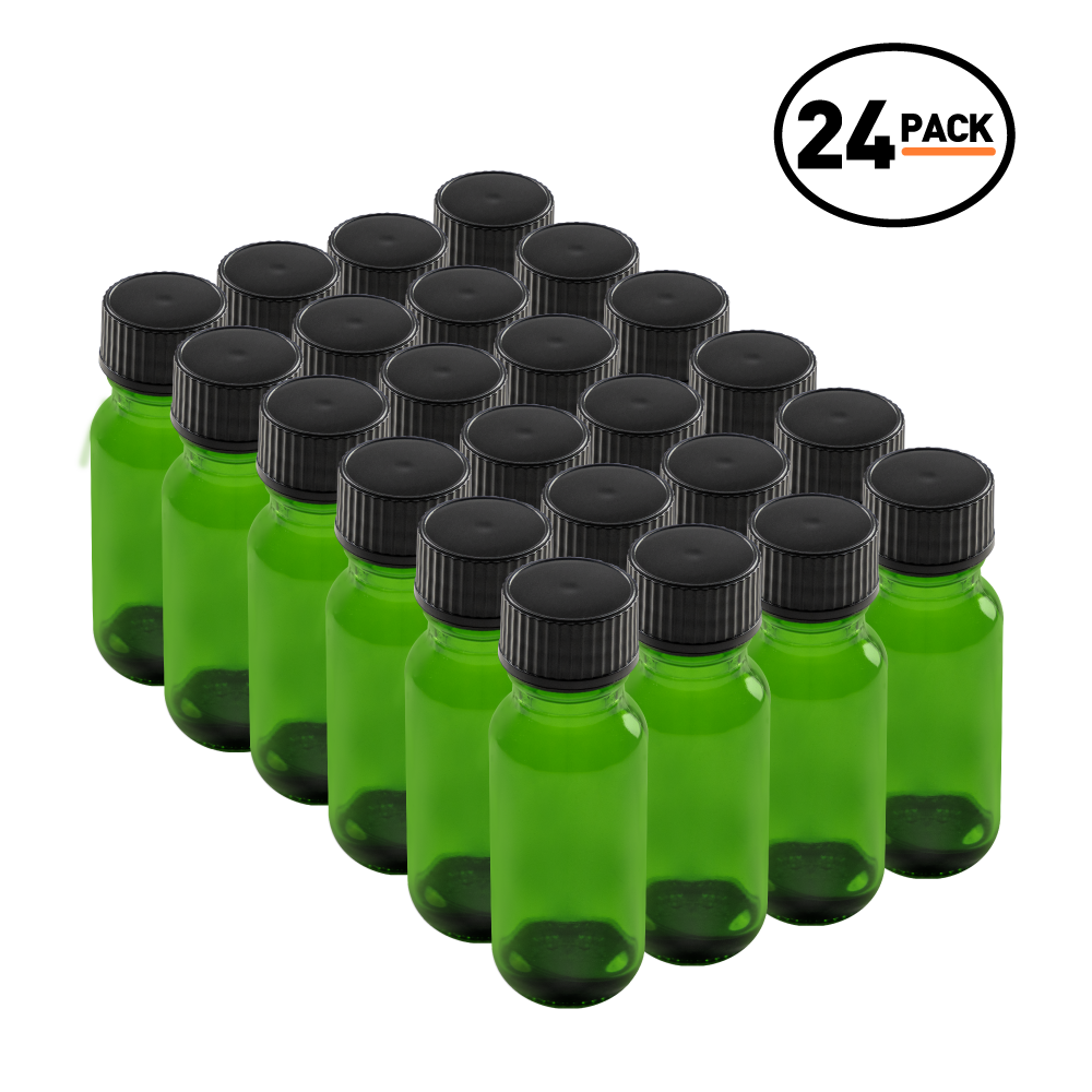 0.5 oz Green Glass Boston Round Bottles With Black Lids (24 Pack)