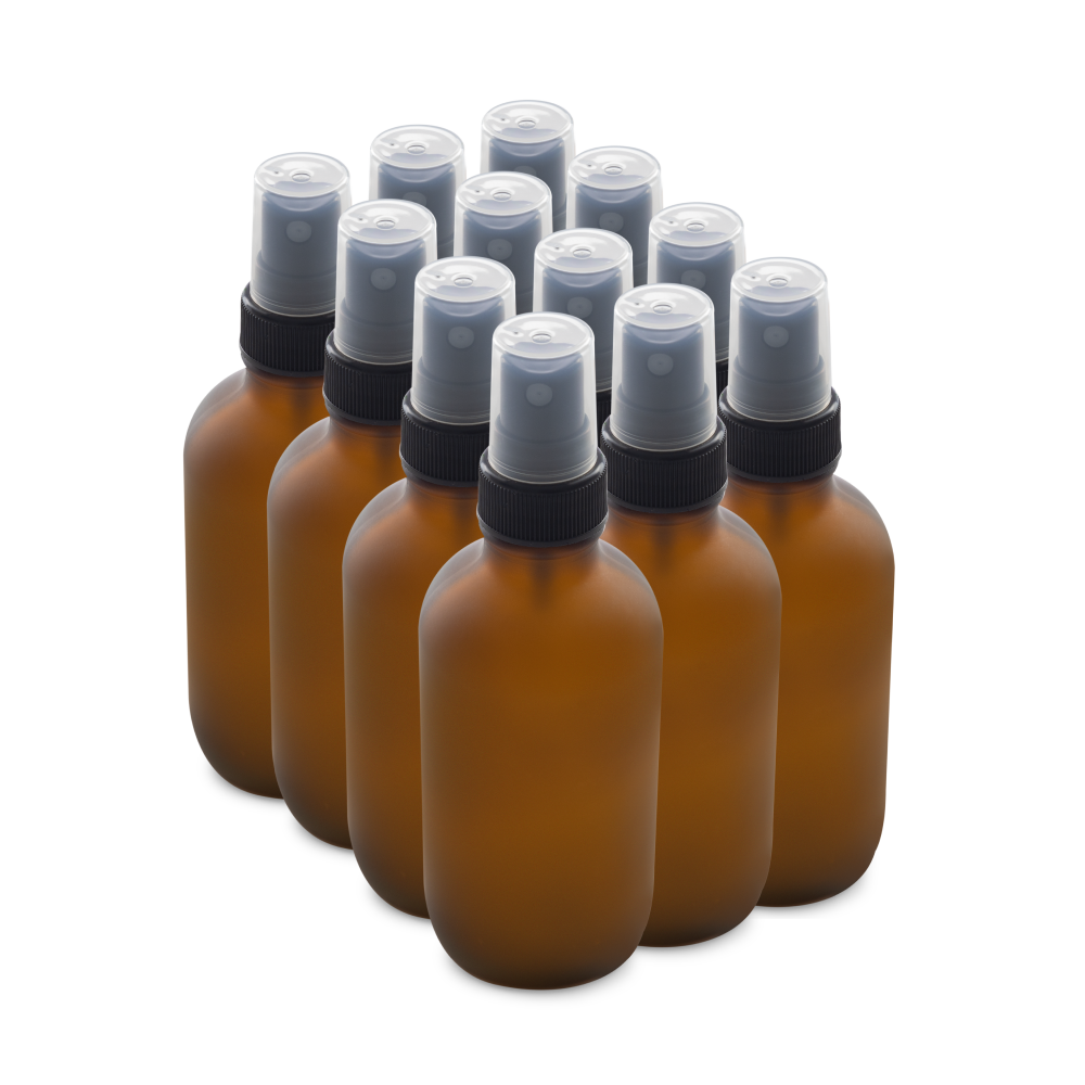 4 oz Amber Frosted Glass Boston Round Bottles With Black Fine Mist Sprayers