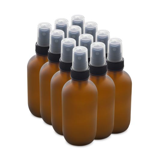 4 oz Amber Frosted Glass Boston Round Bottles With Black Fine Mist Sprayers