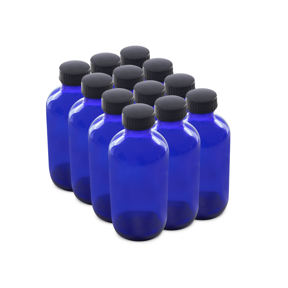 8 oz Blue Glass Boston Round Bottles With Black Lids