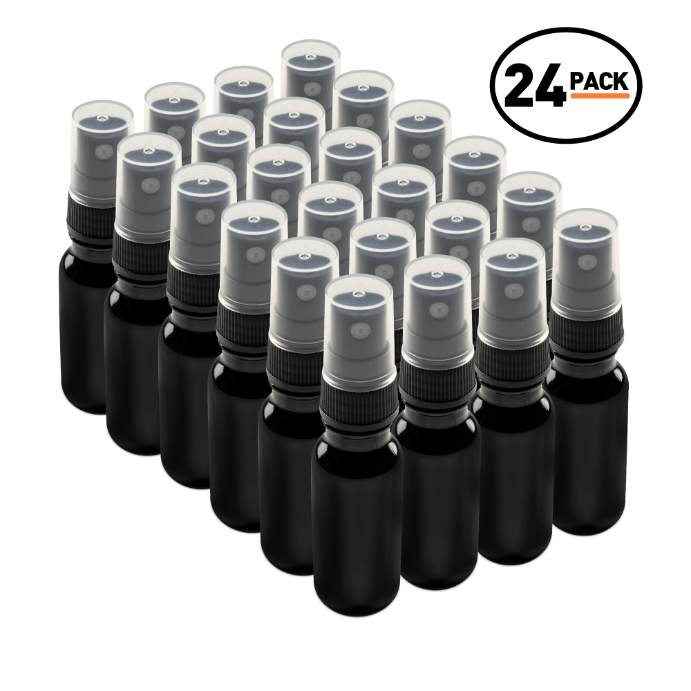0.5 oz Black UV Glass Boston Round Bottles With Black Fine Mist Sprayers (24 pack)