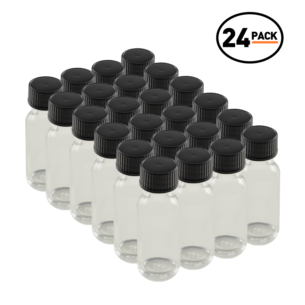 0.5 oz Clear Glass Boston Round Bottles With Black Lids (24 Pack)