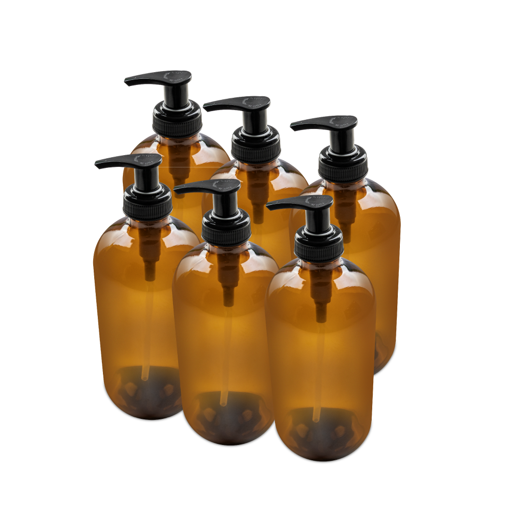 16 oz Amber Glass Boston Round Bottle With Black Lotion Pump