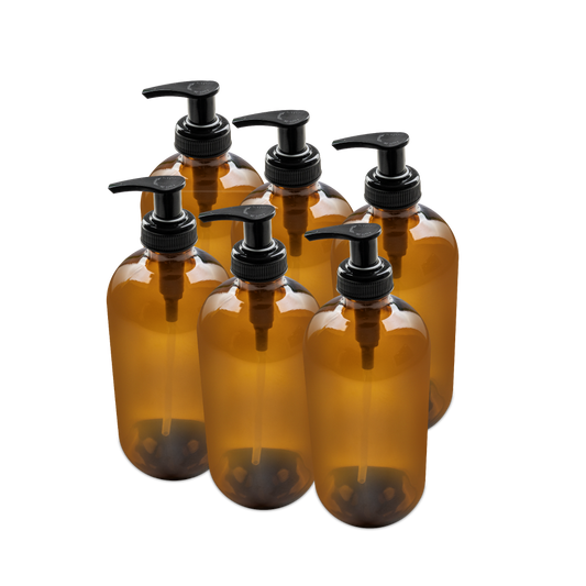 16 oz Amber Glass Boston Round Bottle With Black Lotion Pump
