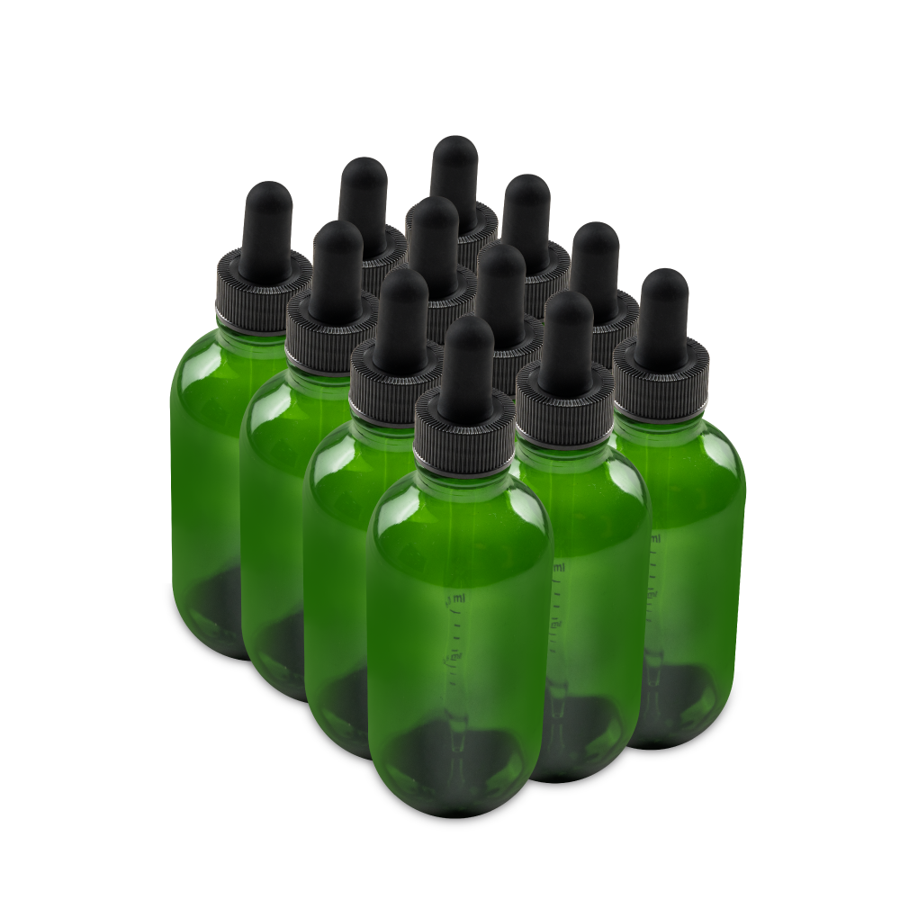 4 oz Green Glass Boston Round Bottle With Black Dropper