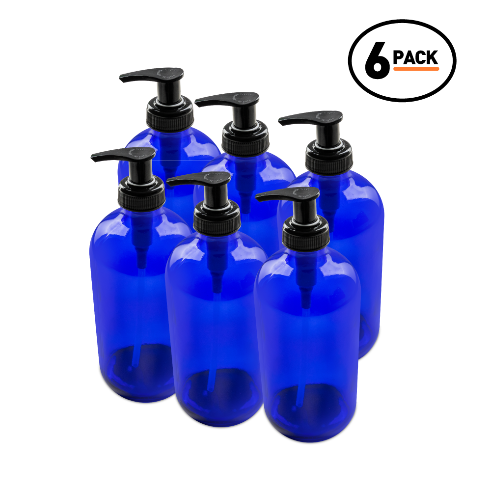 16 oz Blue Glass Boston Round Bottle With Black Lotion Pump (6 Pack)