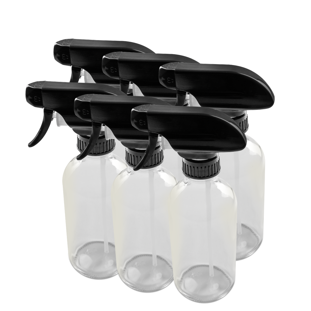 8 oz Clear Glass Boston Round Bottle With Black Trigger Sprayer