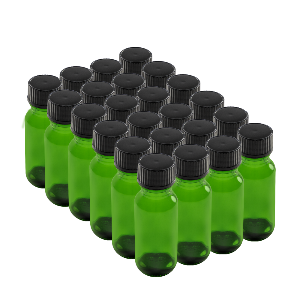 0.5 oz Green Glass Boston Round Bottles With Black Lids