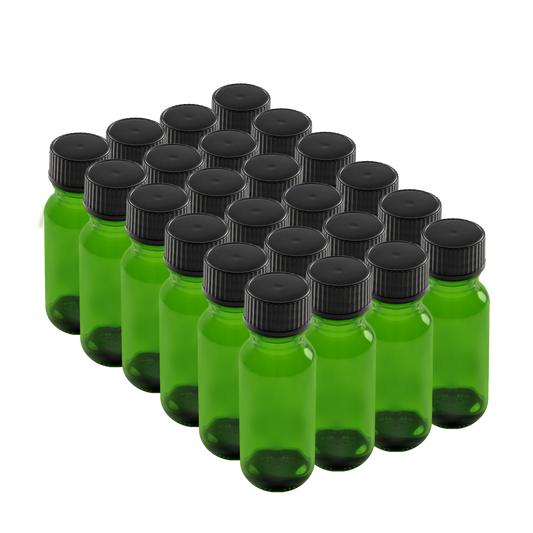 0.5 oz Green Glass Boston Round Bottles With Black Lids