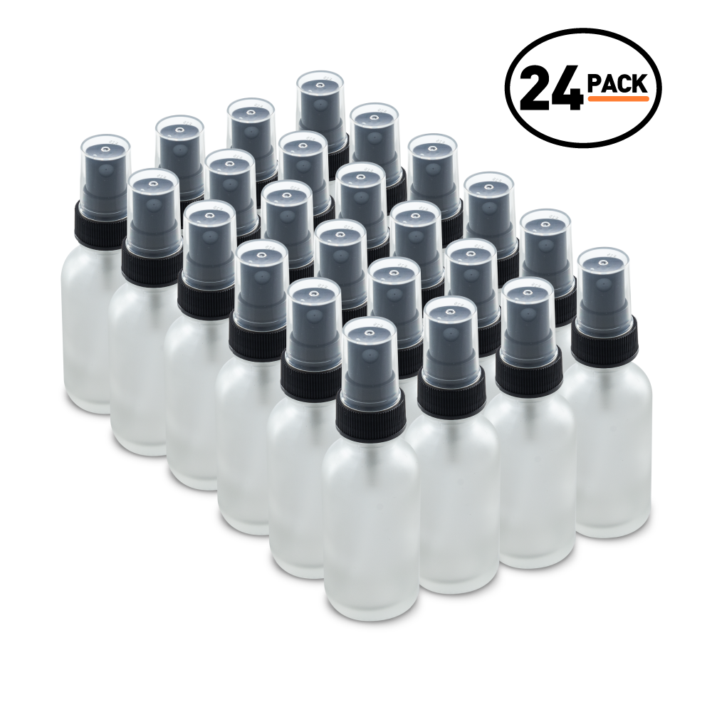 1 oz Clear Frosted Glass Boston Round Bottles With Black Fine Mist Sprayers (24 Pack)