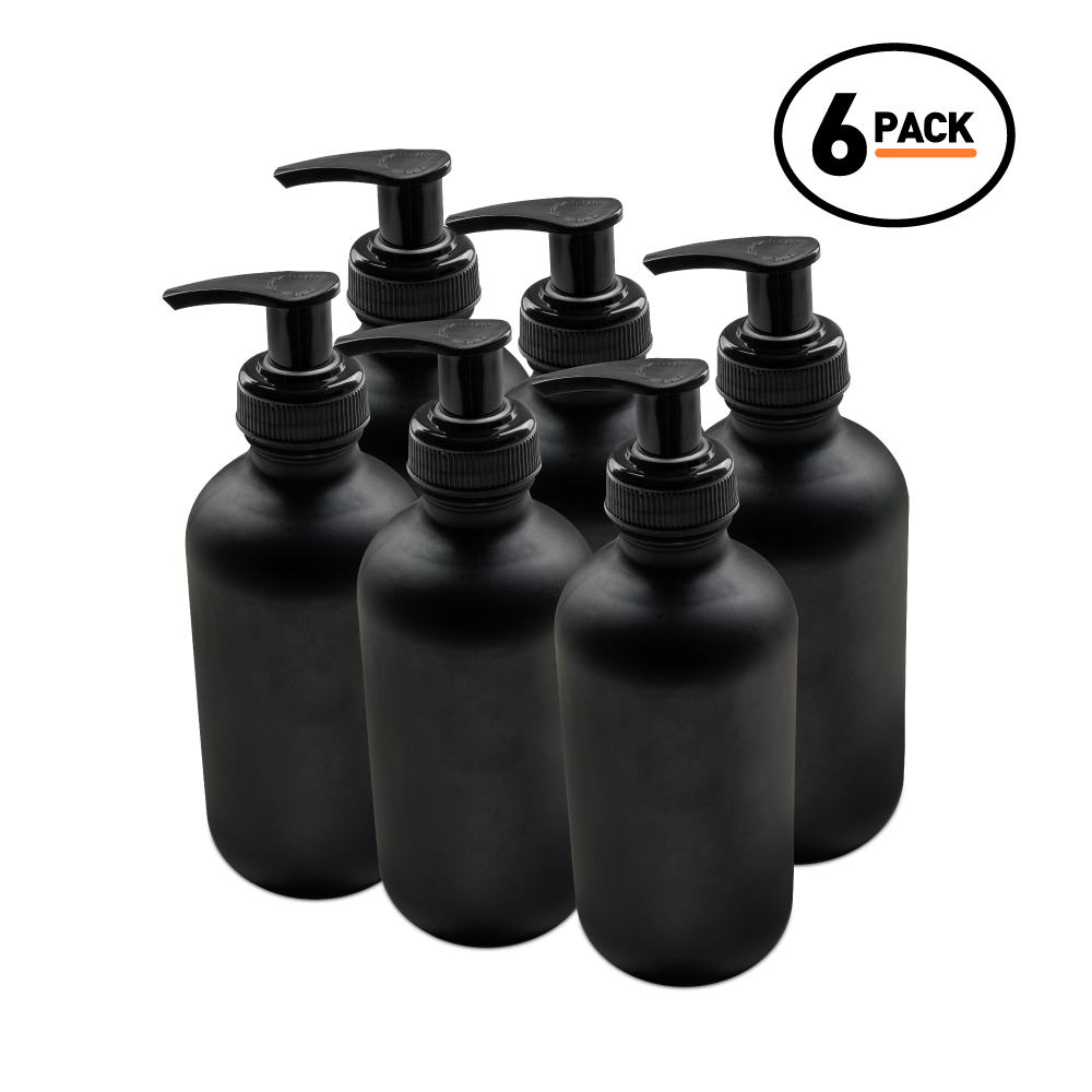 8 oz Black Frosted Glass Boston Round Bottle With Black Lotion Pump (6 Pack)
