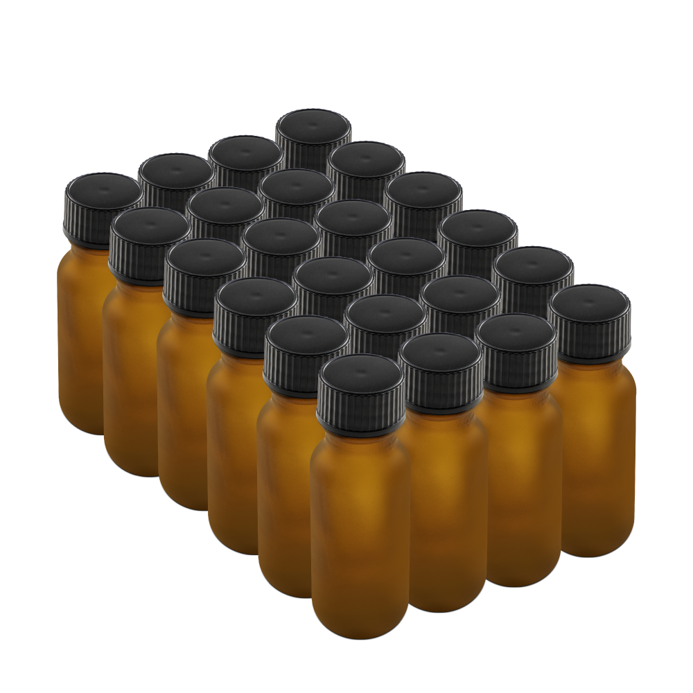 0.5 oz Amber Frosted Glass Boston Round Bottles With Black Lids