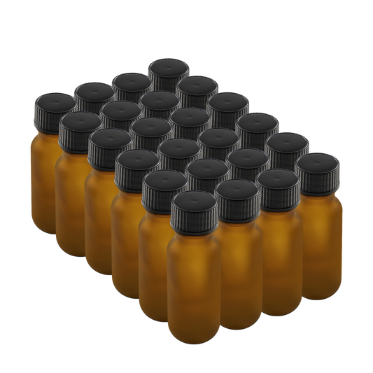 0.5 oz Amber Frosted Glass Boston Round Bottles With Black Lids