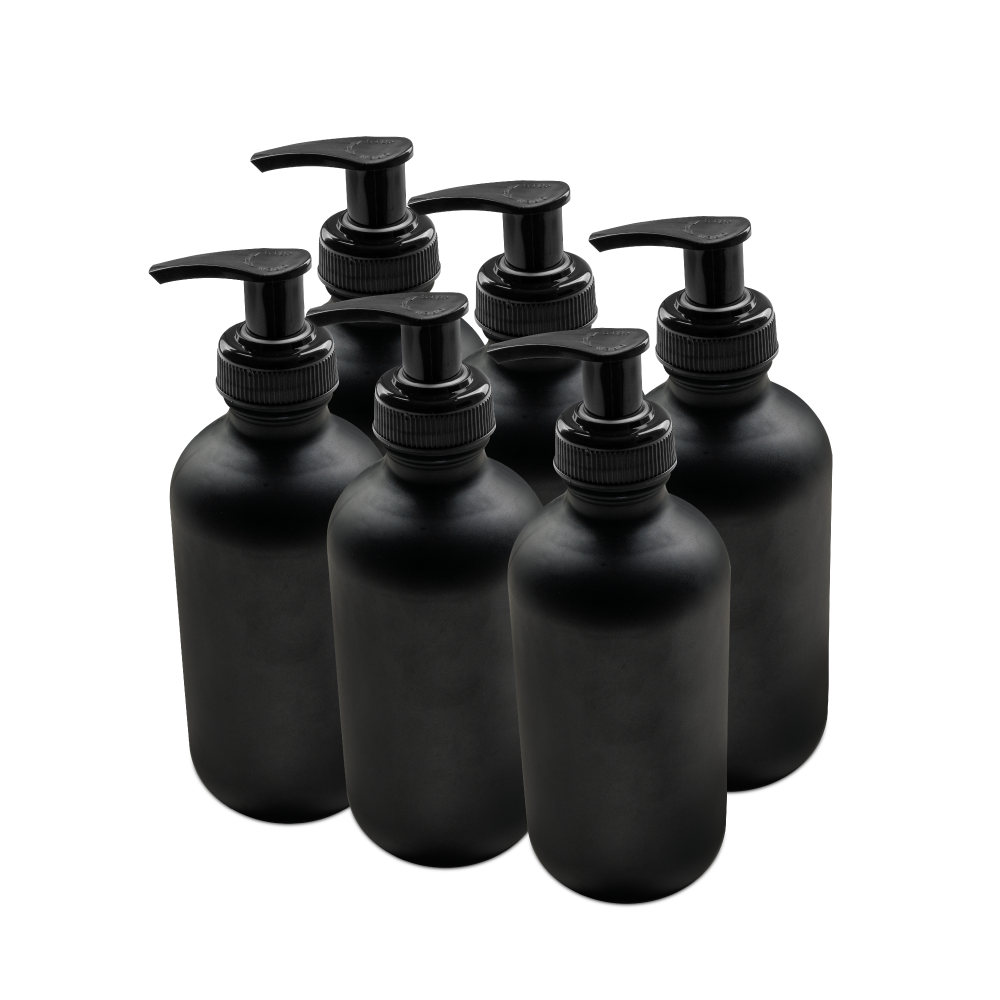 8 oz Black Frosted Glass Boston Round Bottle With Black Lotion Pump