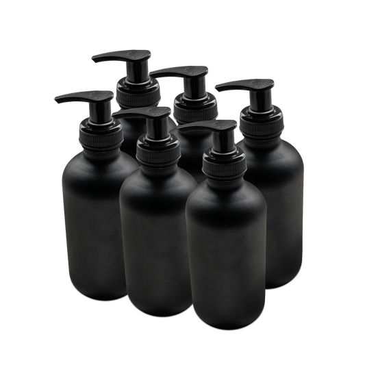 8 oz Black Frosted Glass Boston Round Bottle With Black Lotion Pump