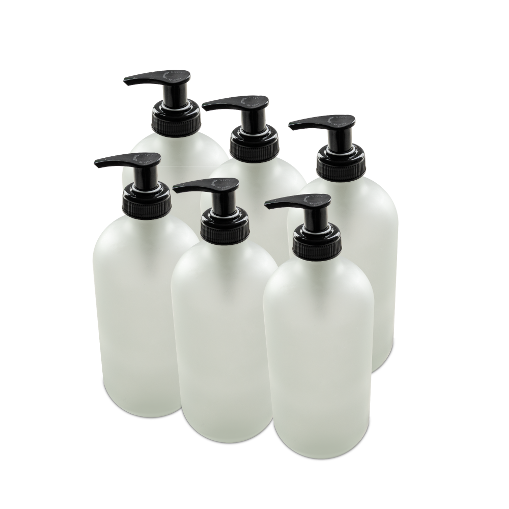 16 oz Clear Frosted Glass Boston Round Bottle With Black Lotion Pump