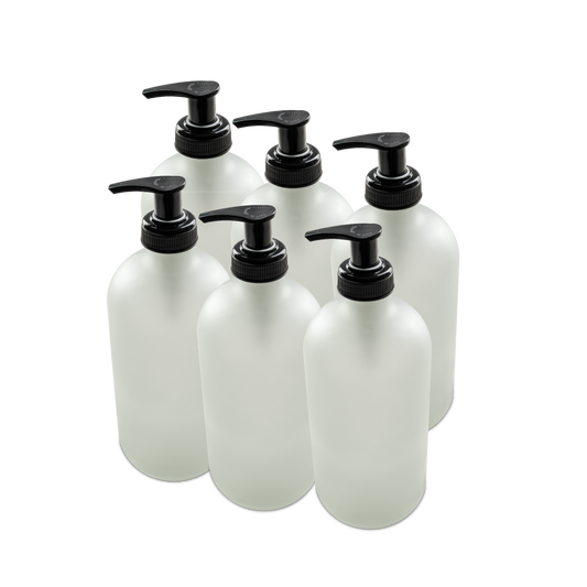 16 oz Clear Frosted Glass Boston Round Bottle With Black Lotion Pump