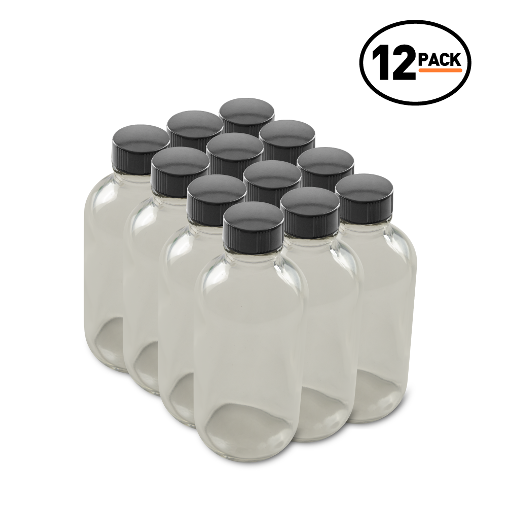 4 oz Clear Glass Boston Round Bottles With Black Lids (12 Pack)