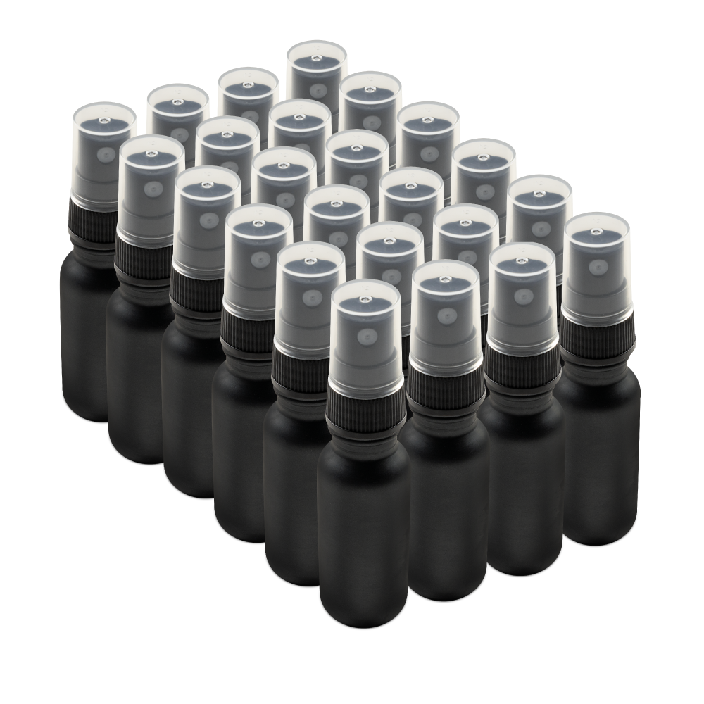 0.5 oz Black Frosted Glass Boston Round Bottles With Black Fine Mist Sprayers