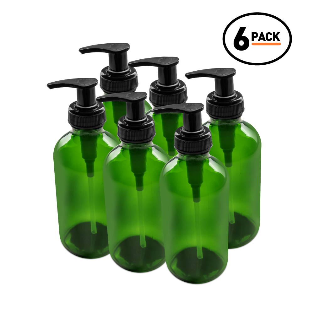 8 oz Green Glass Boston Round Bottle With Black Lotion Pump (6 Pack)