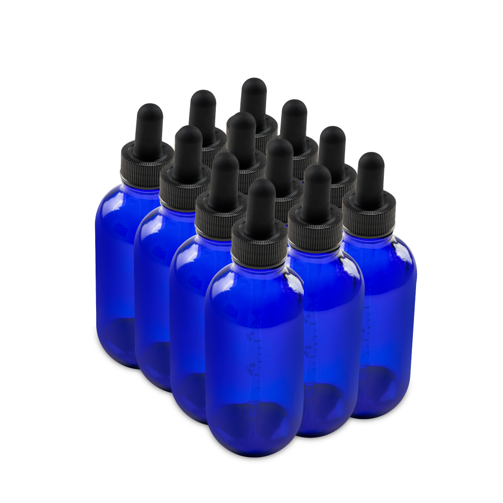 4 oz Blue Glass Boston Round Bottle With Black Dropper