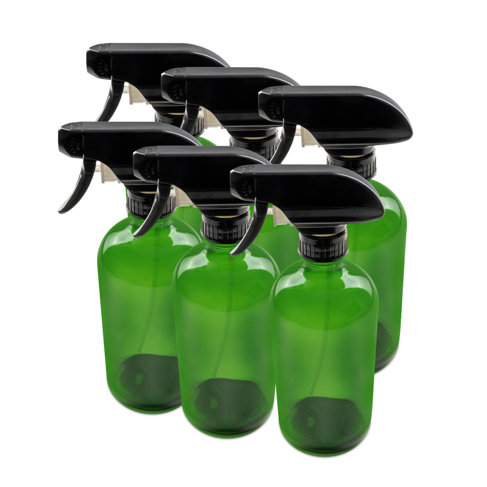 16 oz Green Glass Boston Round Bottle With Black Trigger Sprayer