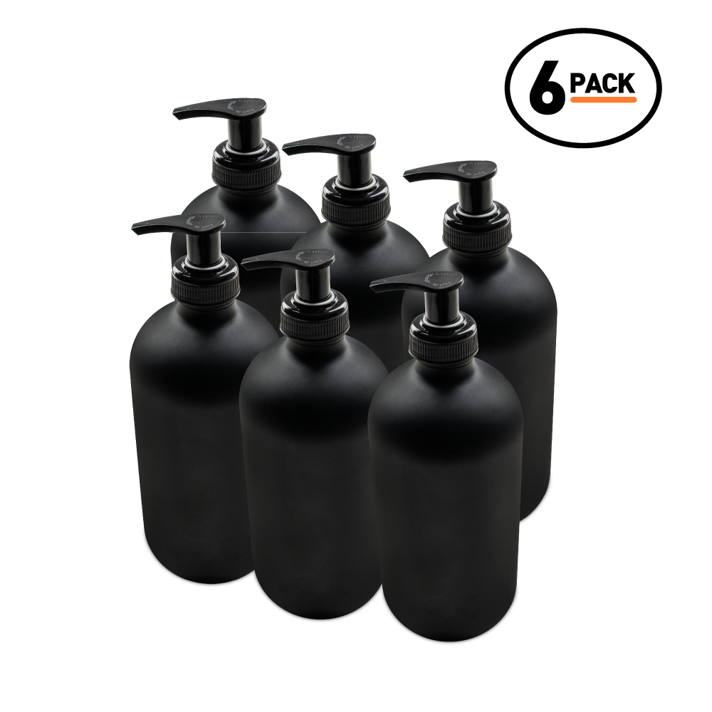 16 oz Black Frosted Glass Boston Round Bottle With Black Lotion Pump (6 Pack)