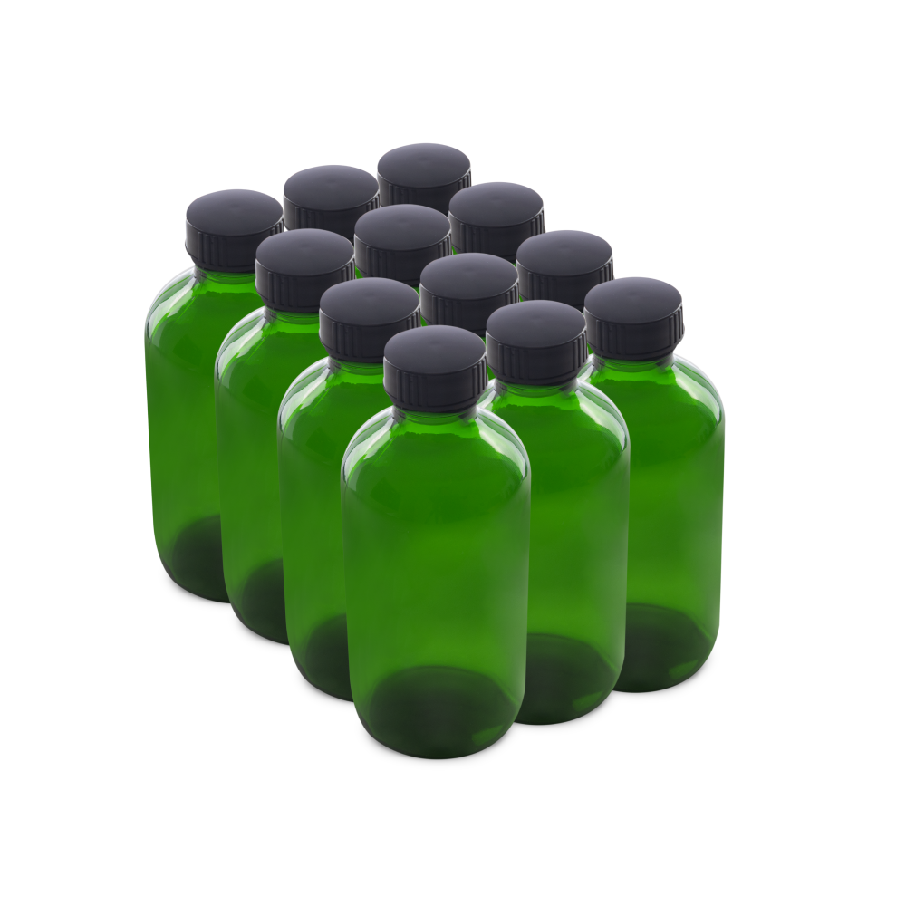 8 oz Green Glass Boston Round Bottles With Black Lids