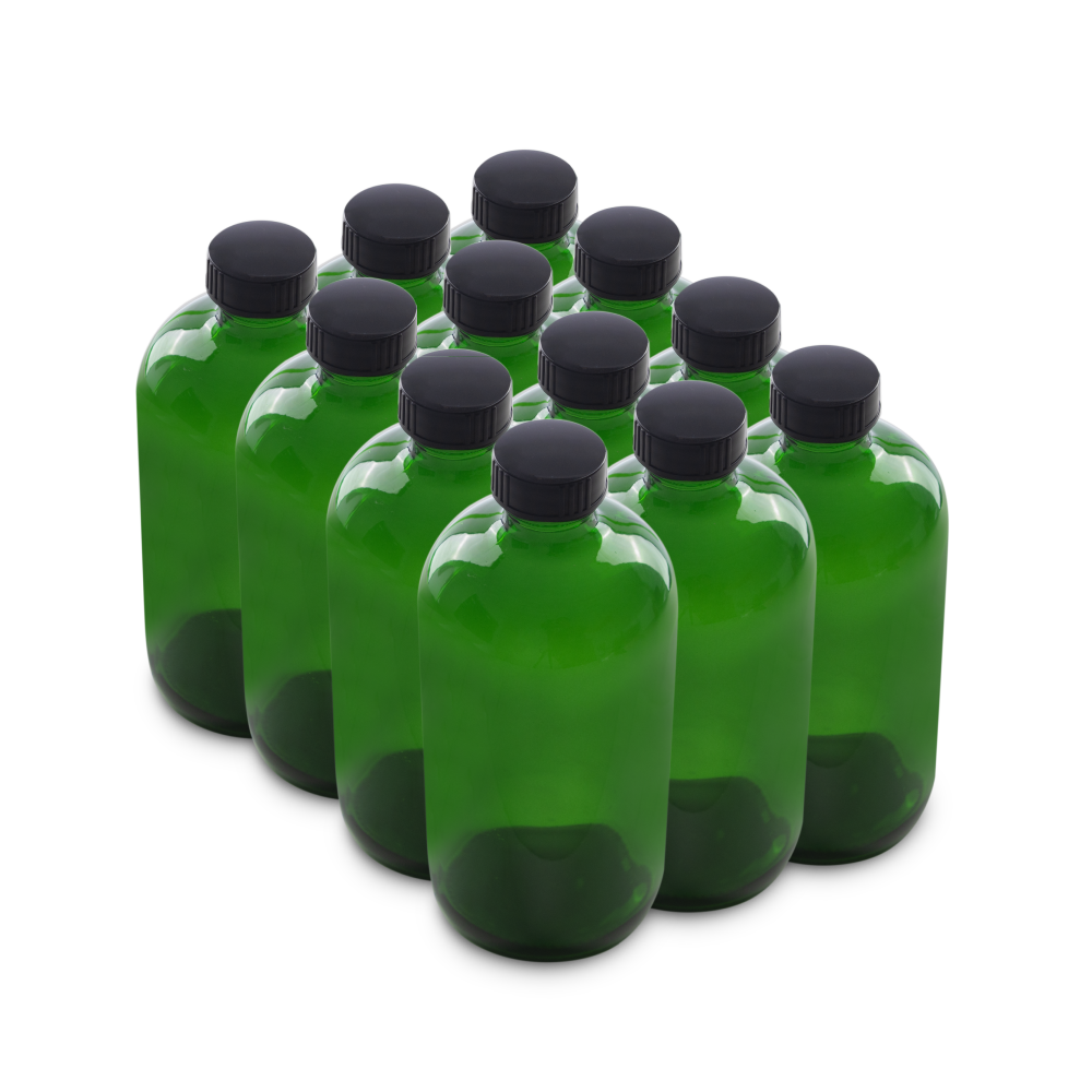 16 oz Green Glass Boston Round Bottles With Black Lids